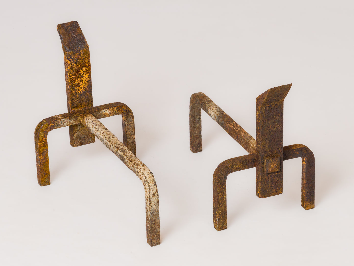 Pair of Constructivist Distressed Wrought Iron Andirons - France 1970's