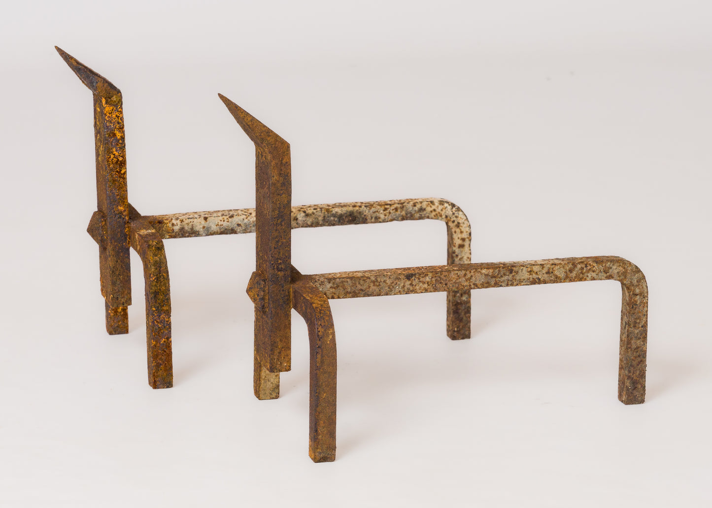 Pair of Constructivist Distressed Wrought Iron Andirons - France 1970's