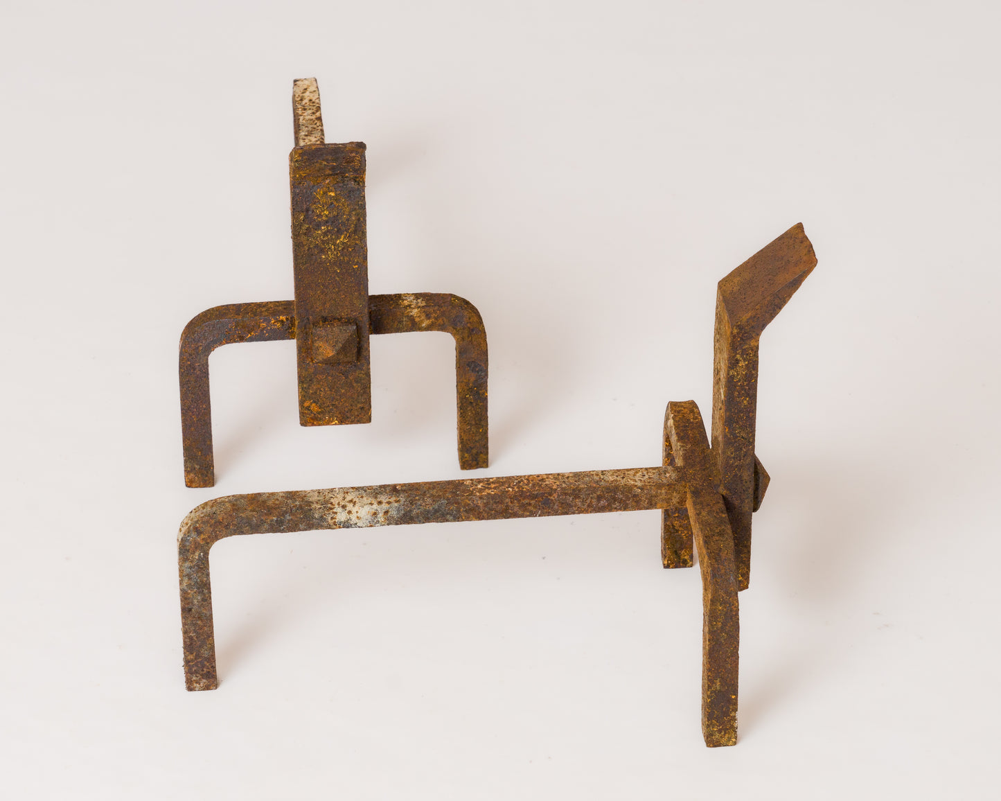 Pair of Constructivist Distressed Wrought Iron Andirons - France 1970's