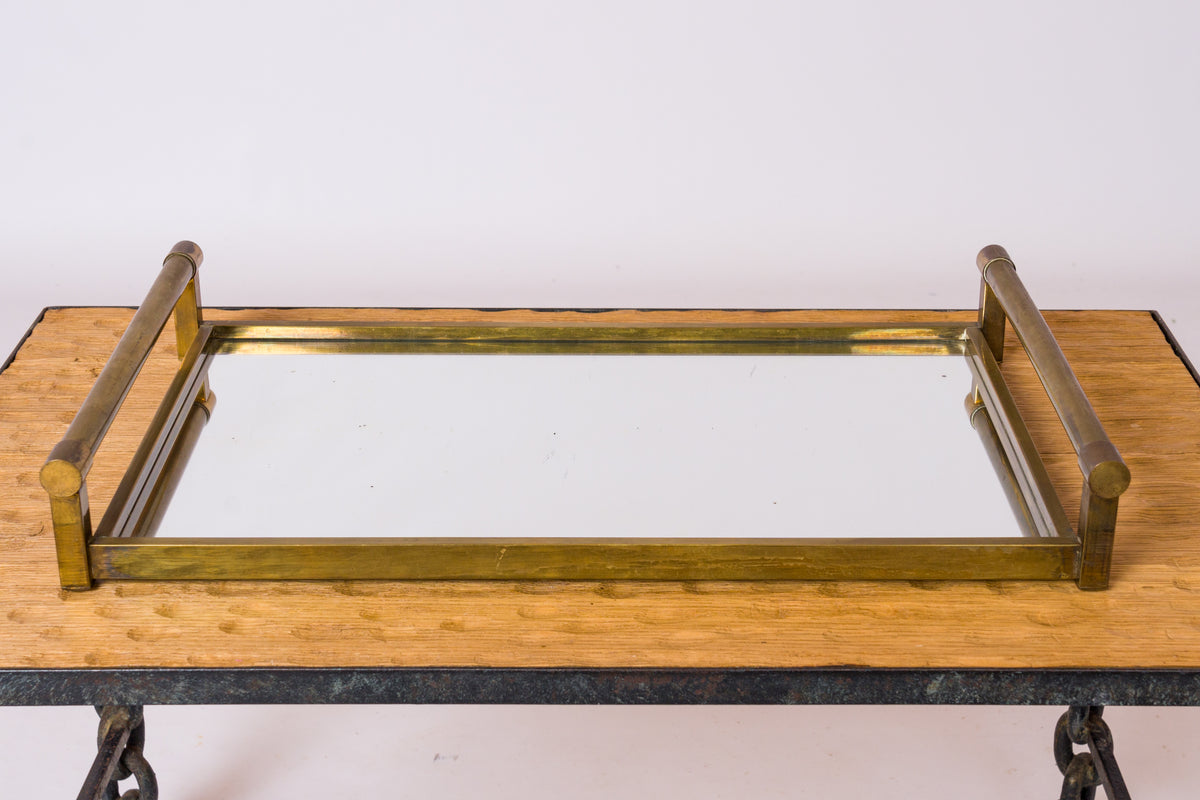 Jacques Adnet Patinated Brass & Mirror Minimalist Tray - France 1930's