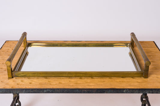 Jacques Adnet Patinated Brass & Mirror Minimalist Tray - France 1930's