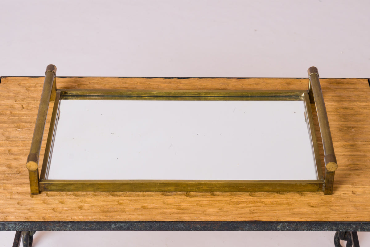 Jacques Adnet Patinated Brass & Mirror Minimalist Tray - France 1930's