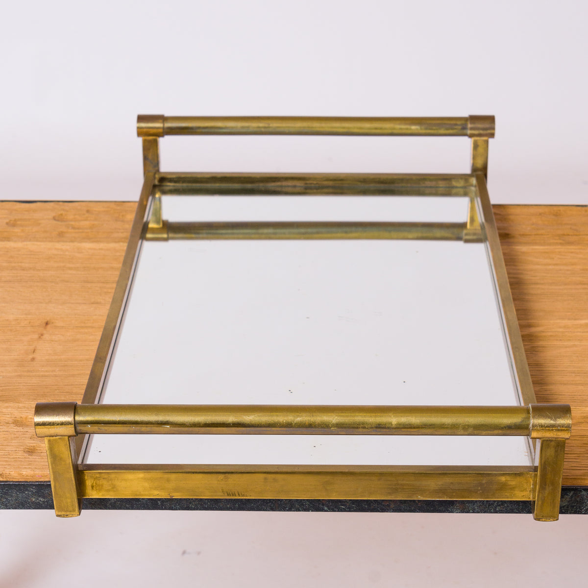 Jacques Adnet Patinated Brass & Mirror Minimalist Tray - France 1930's