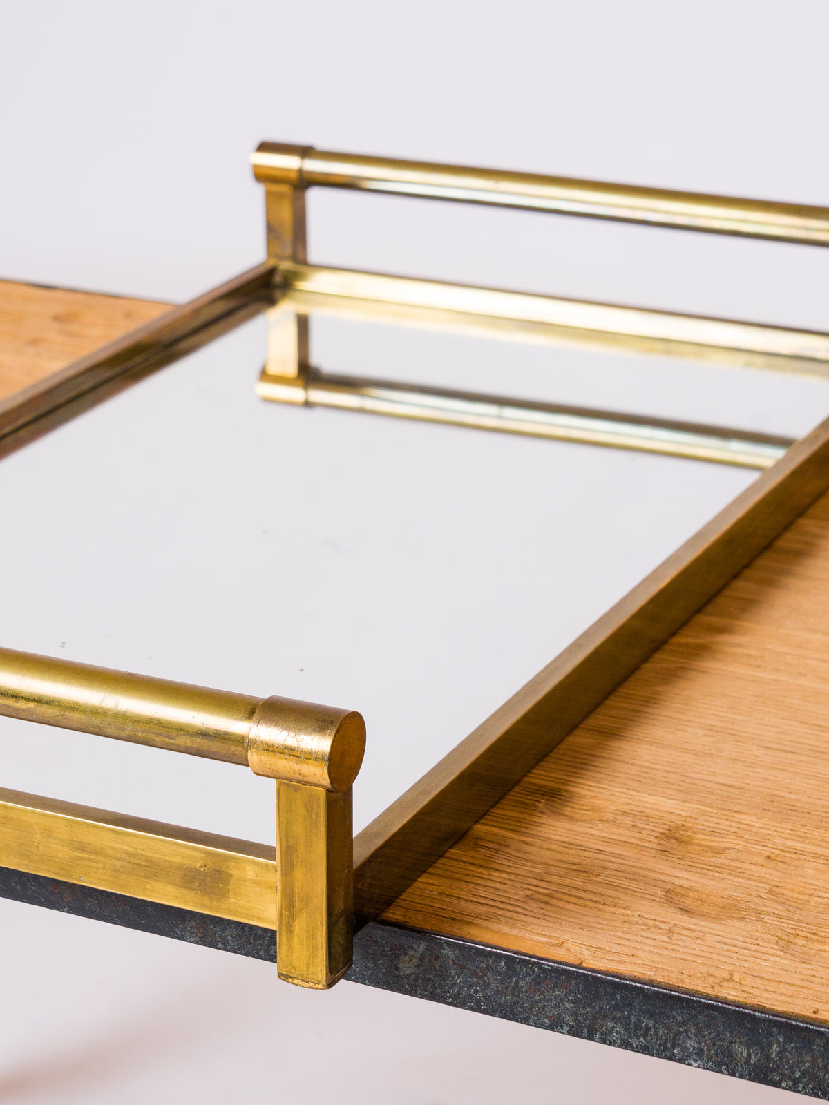 Jacques Adnet Patinated Brass & Mirror Minimalist Tray - France 1930's