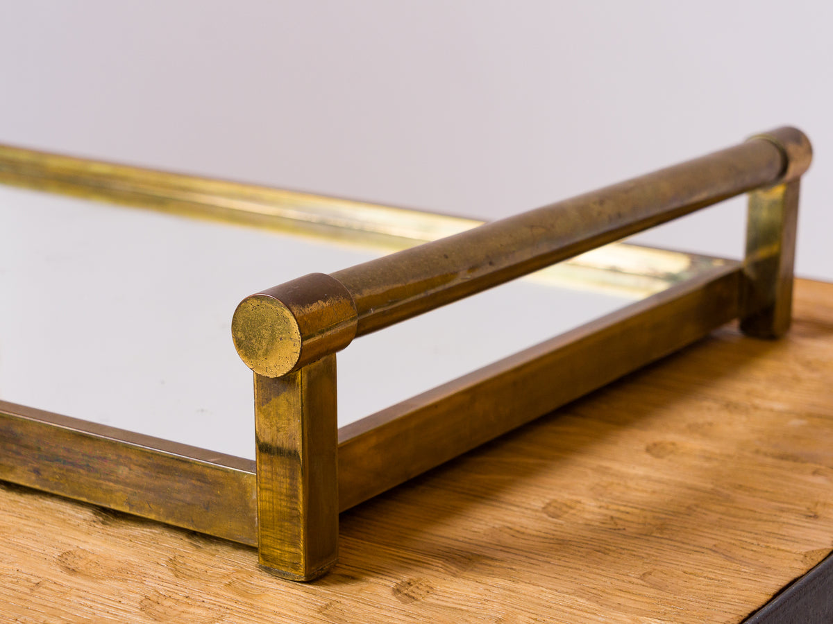 Jacques Adnet Patinated Brass & Mirror Minimalist Tray - France 1930's