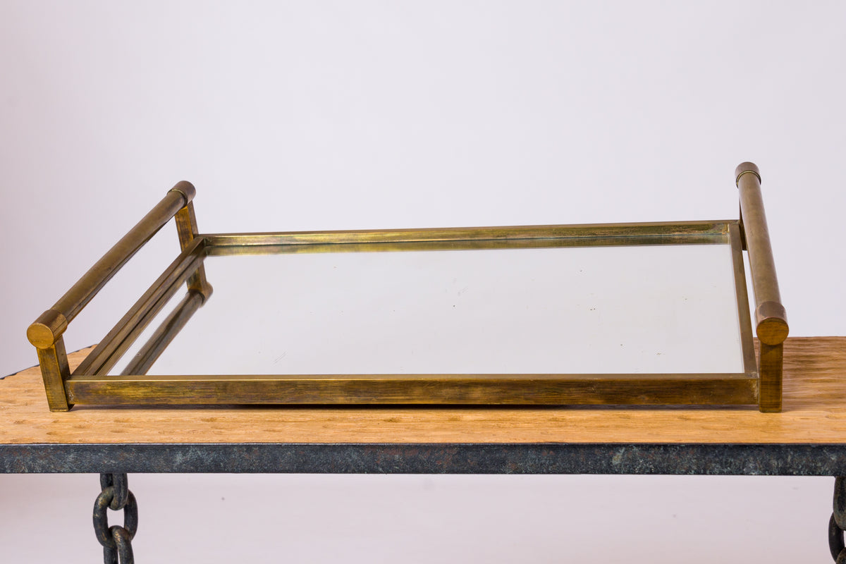 Jacques Adnet Patinated Brass & Mirror Minimalist Tray - France 1930's