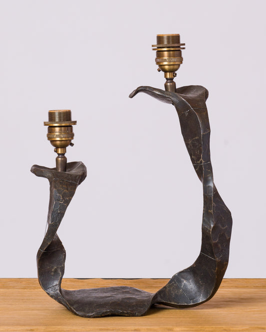 Brutalist "Fer Battu" Iron Double Arm "Ferronnerie" Table Lamp - France 1970's