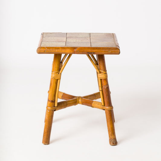 Glazed Stoneware Tile and Rattan Side Table att. Bergon Anduze - France 1950's