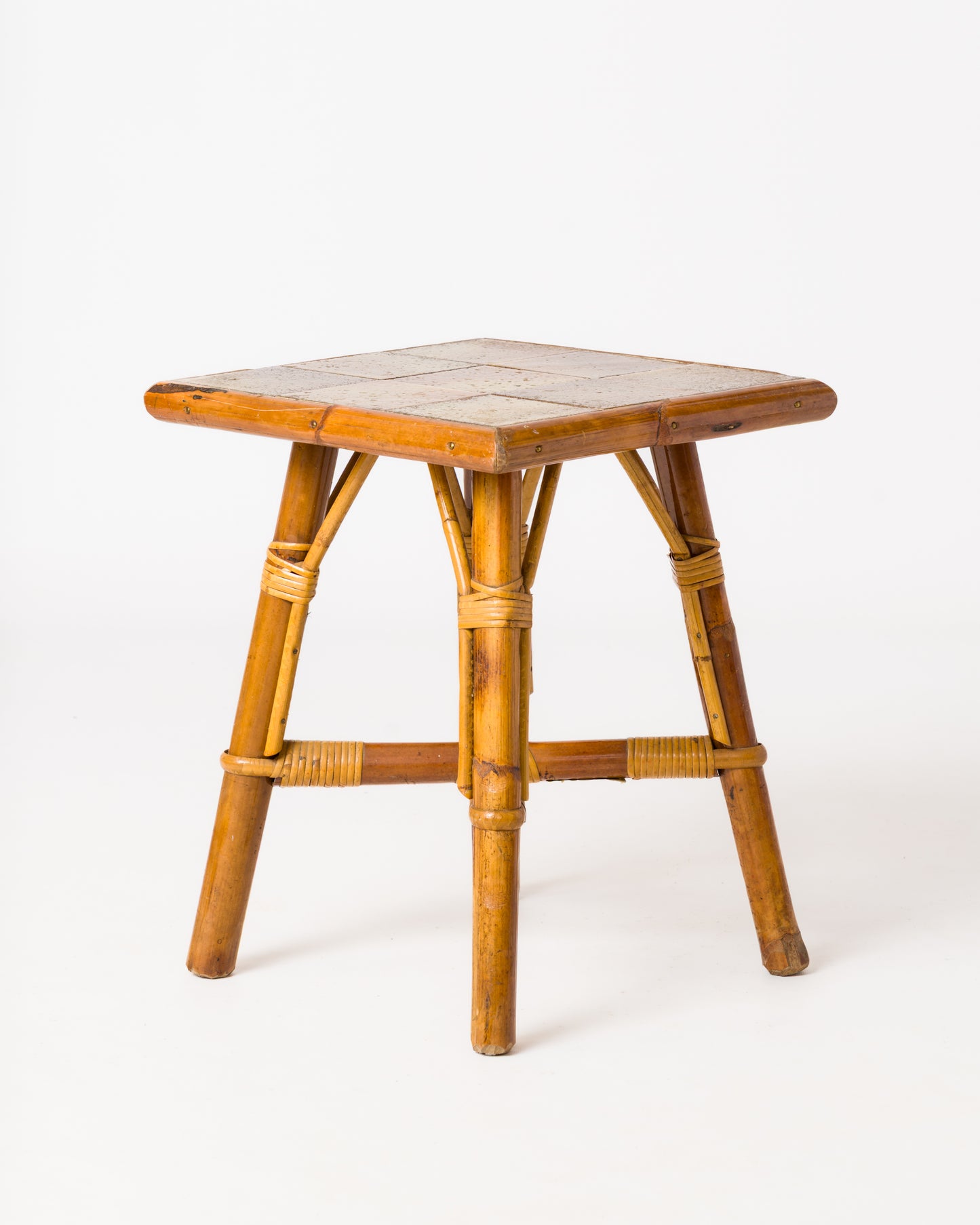 Glazed Stoneware Tile and Rattan Side Table att. Bergon Anduze - France 1950's