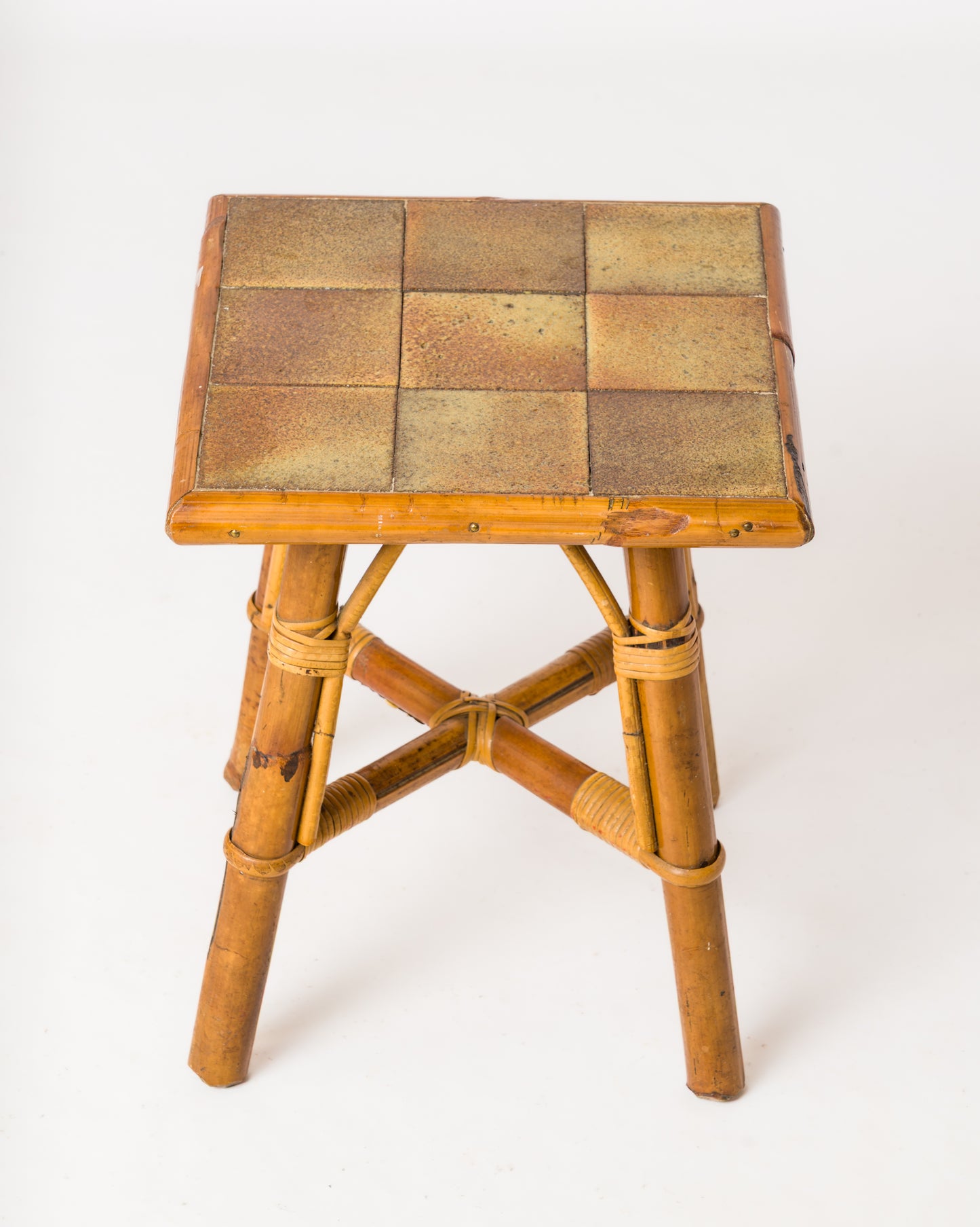 Glazed Stoneware Tile and Rattan Side Table att. Bergon Anduze - France 1950's