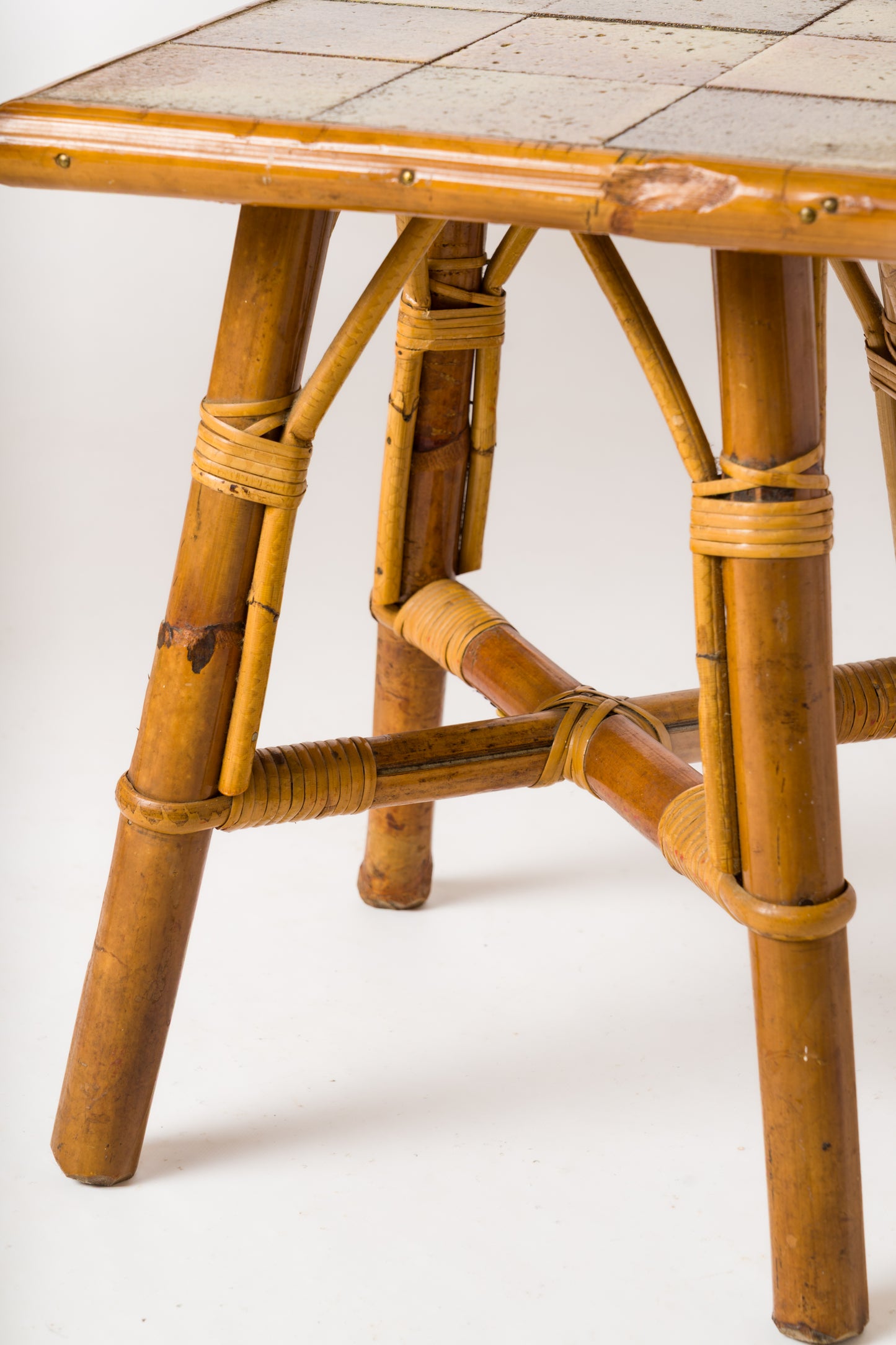 Glazed Stoneware Tile and Rattan Side Table att. Bergon Anduze - France 1950's