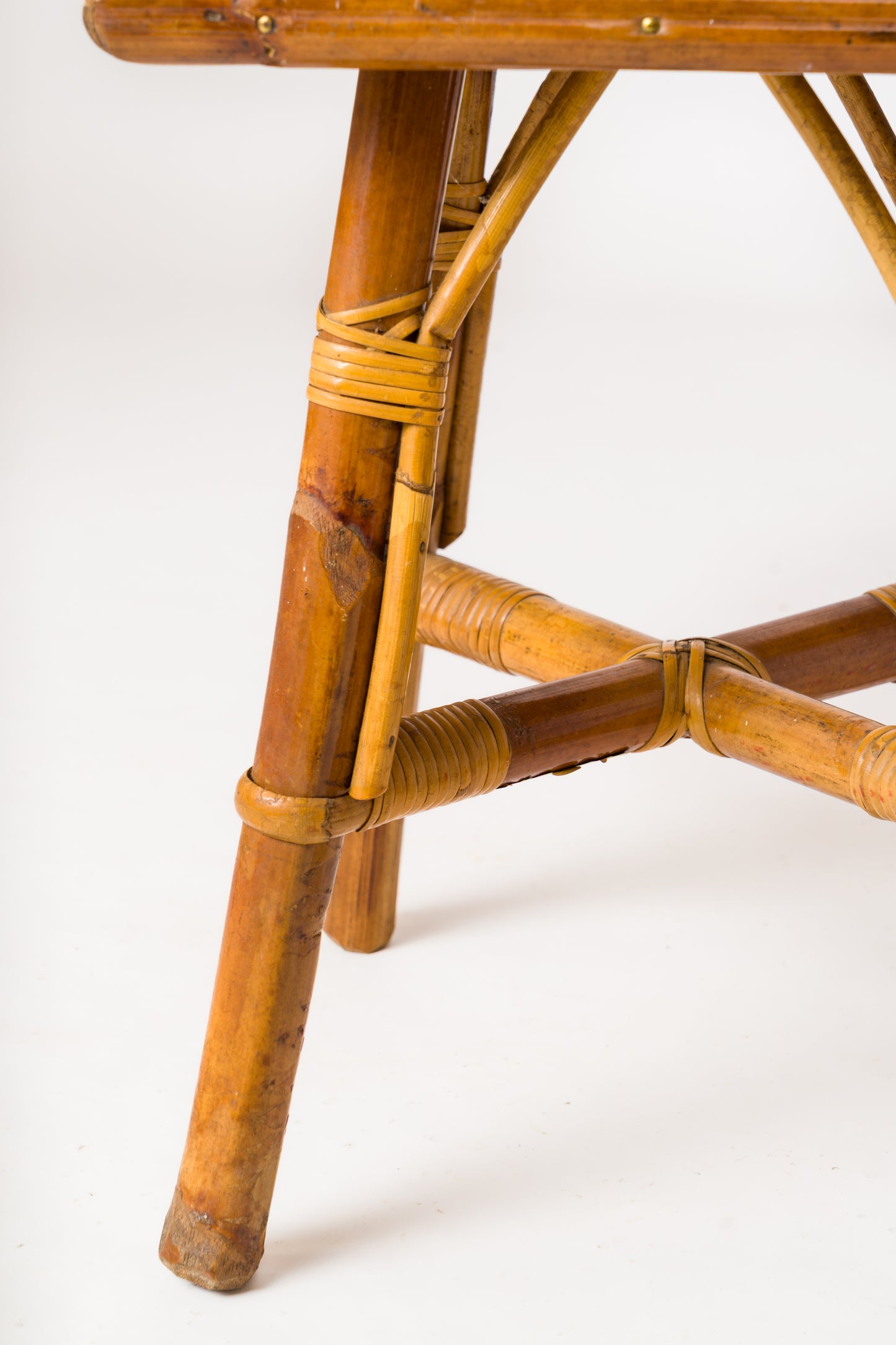 Glazed Stoneware Tile and Rattan Side Table att. Bergon Anduze - France 1950's