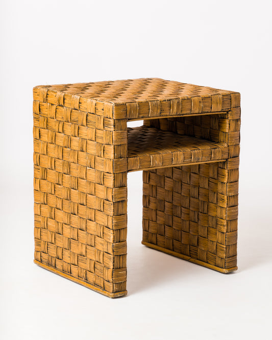 Braided Wicker Square Side Table in the Style of Audoux Minnet - France 1960s