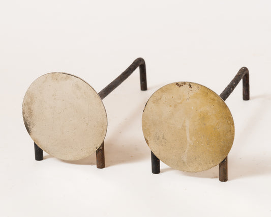Pair of Compact Minimalist Steel Discs Andirons - France 1970s