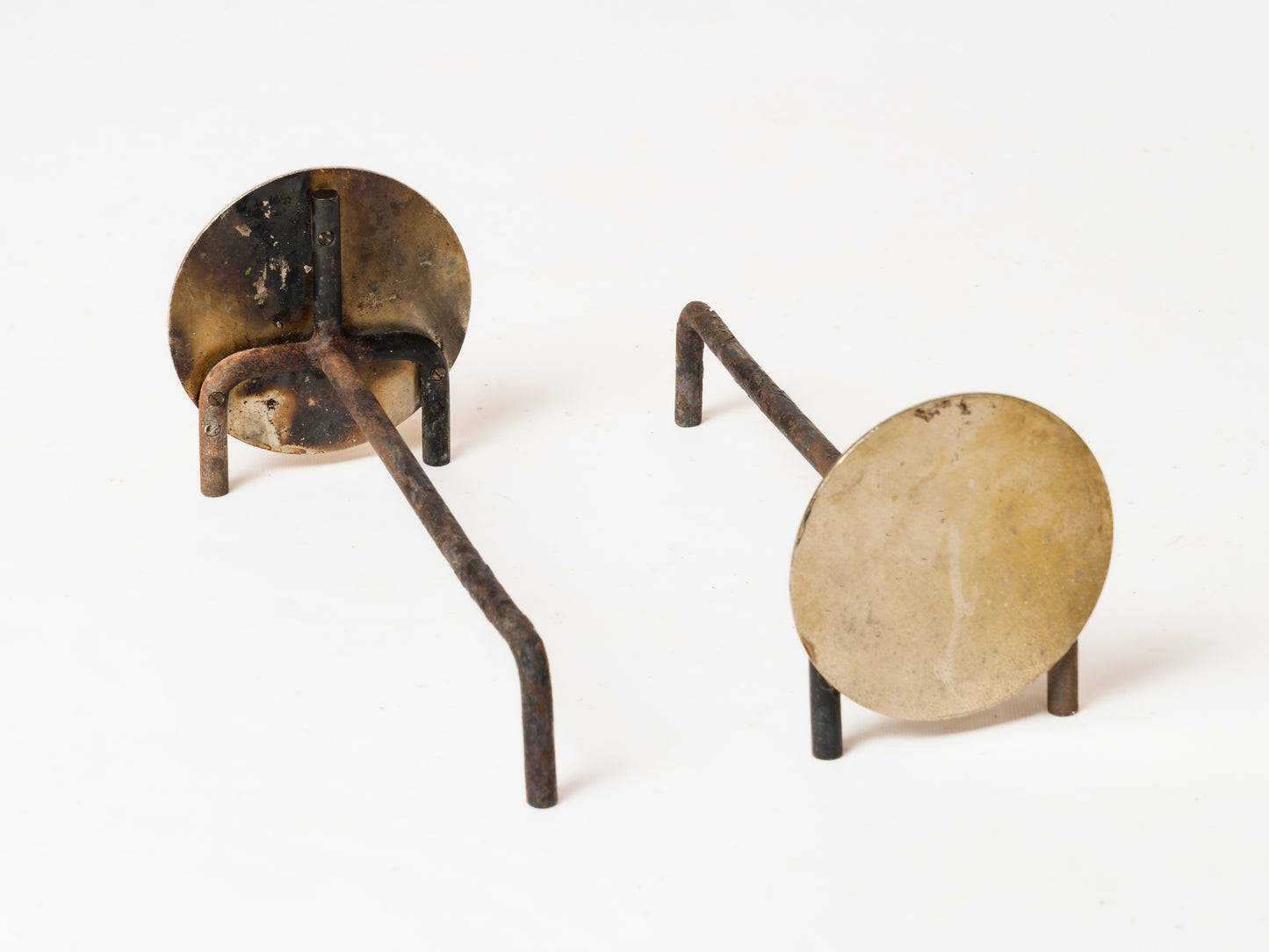 Pair of Compact Minimalist Steel Discs Andirons - France 1970s