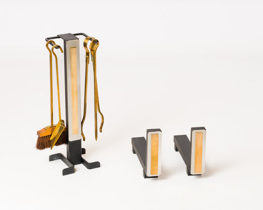Modernist Brass & Steel Andirons with Fireplace Tools Set - France 1970s