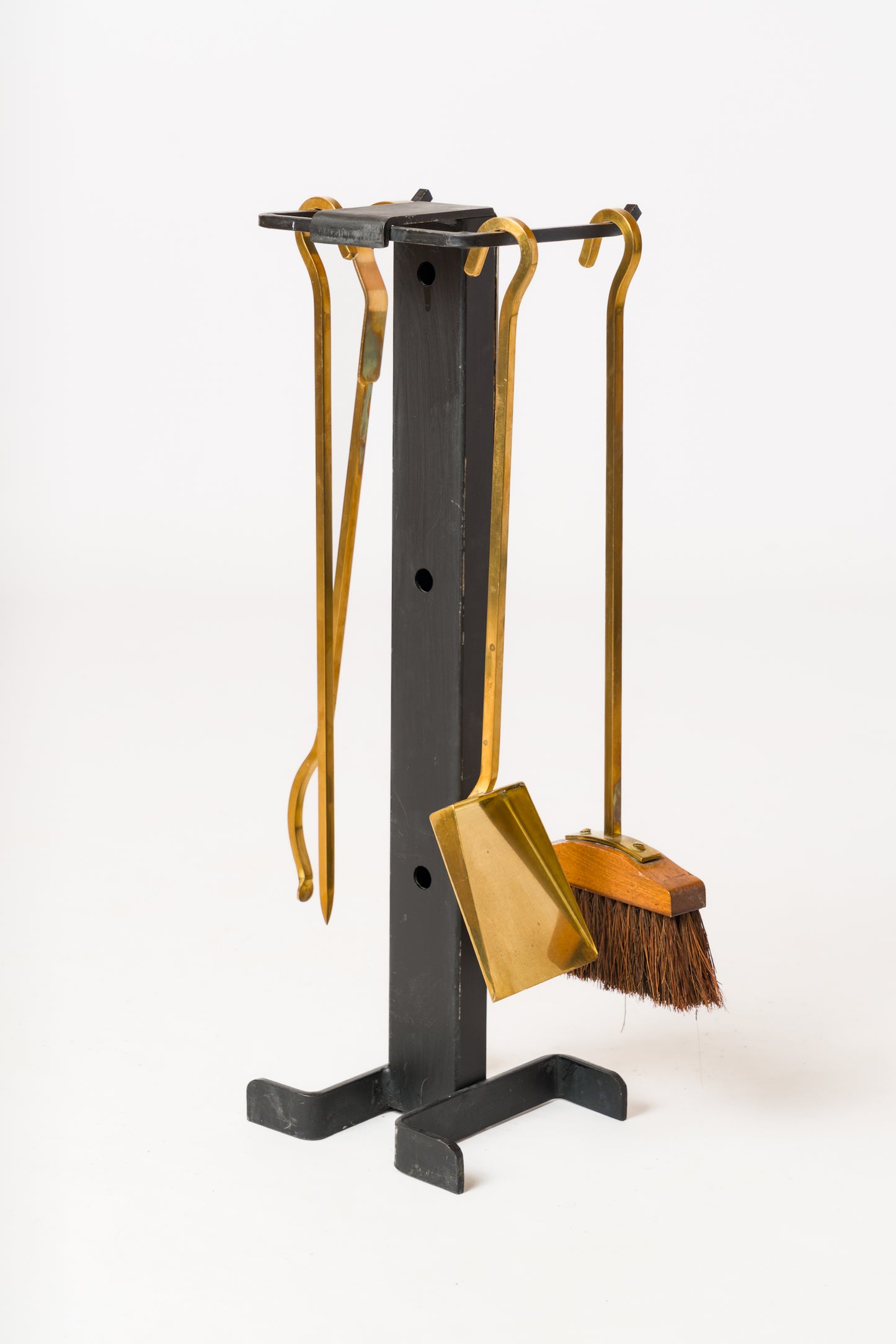 Modernist Brass & Steel Andirons with Fireplace Tools Set - France 1970s