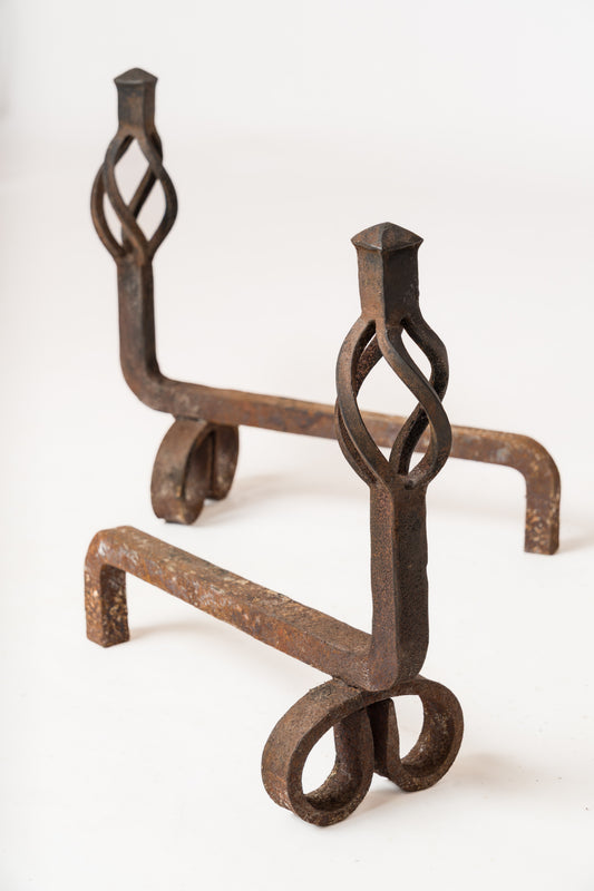 Wrought Iron Twist Andirons - France 1960s
