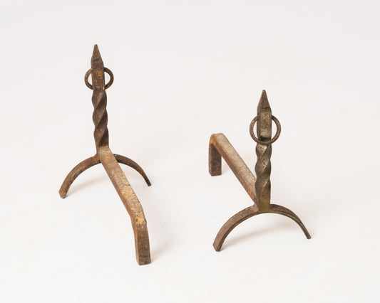 Twisted "Fer Forgé" Wrought Iron Andirons with Rings - France 1970s