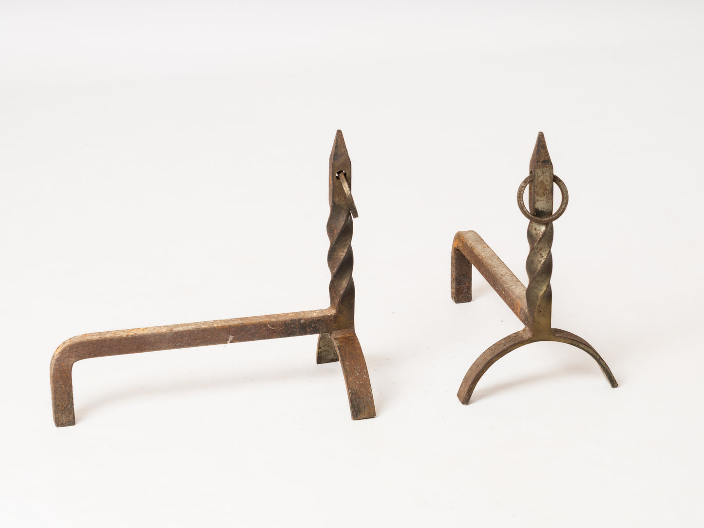 Twisted "Fer Forgé" Wrought Iron Andirons with Rings - France 1970s