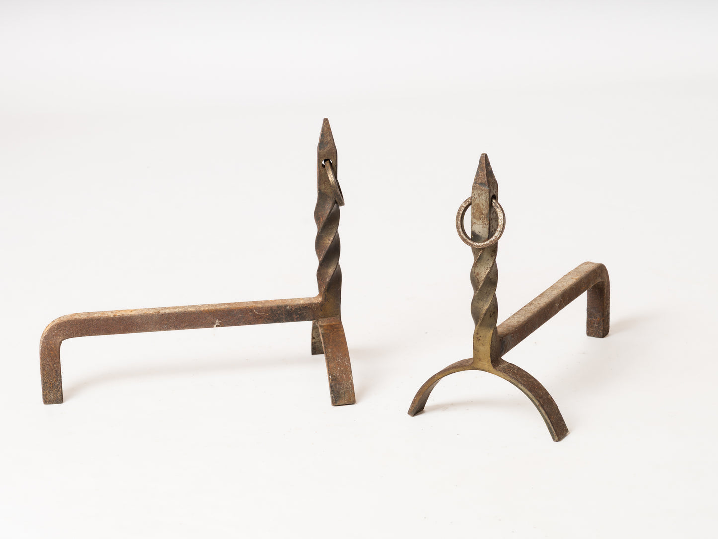 Twisted "Fer Forgé" Wrought Iron Andirons with Rings - France 1970s