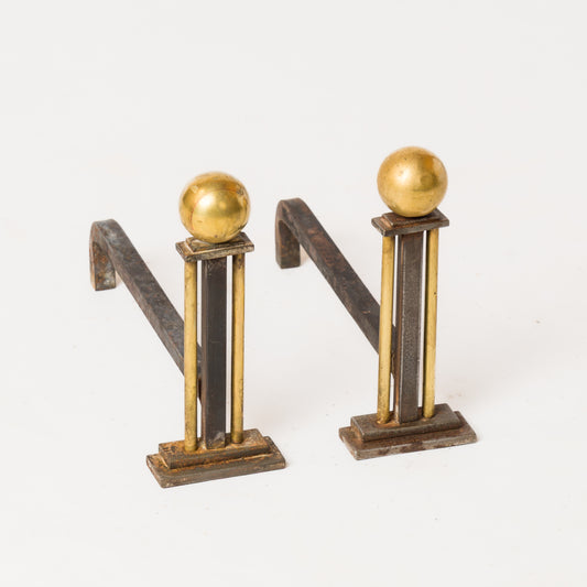 Steel & Bronze Modernist Andirons in the Style of Adnet - France 1940s