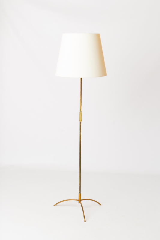 Tripod Patinated Steel and Brass Modernist Floor Lamp - France 1960s