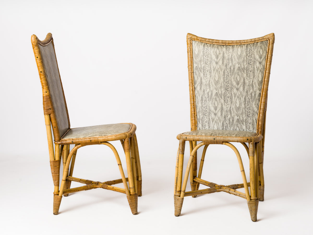 Pair of High-Backed Rattan Chairs with a Trapezoidal Shape - France 1950's