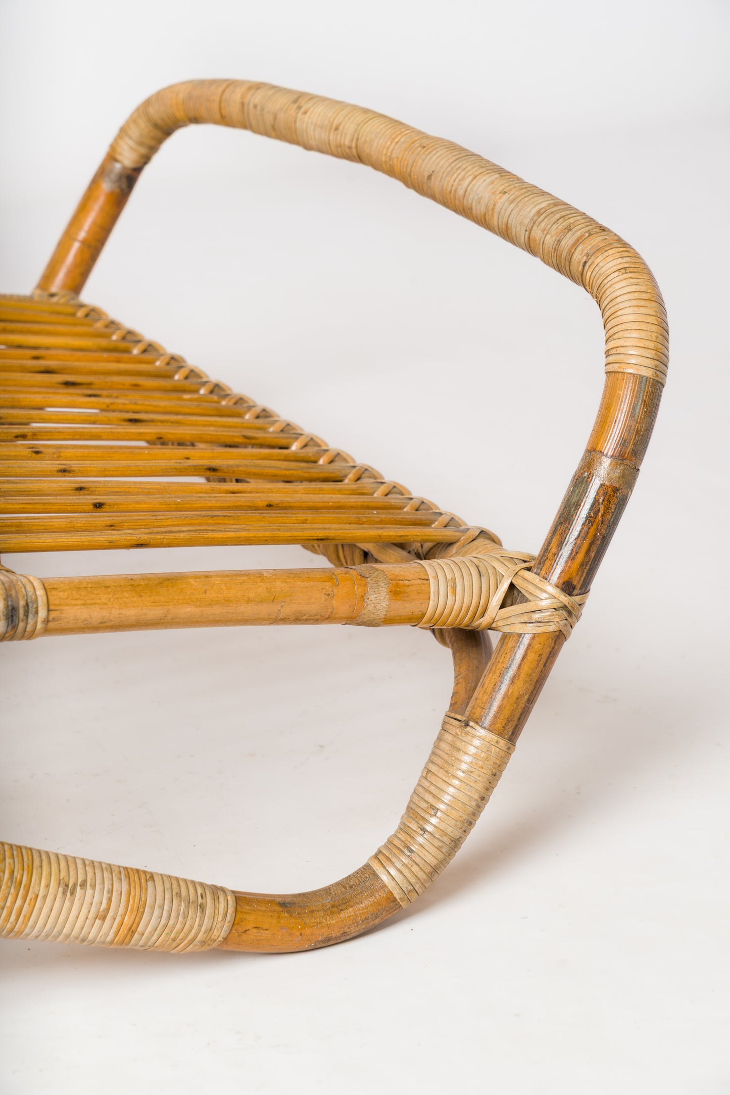 Rattan "Chaise-Longue" Pool Lounger With Original Rubber Casters - France 1950's