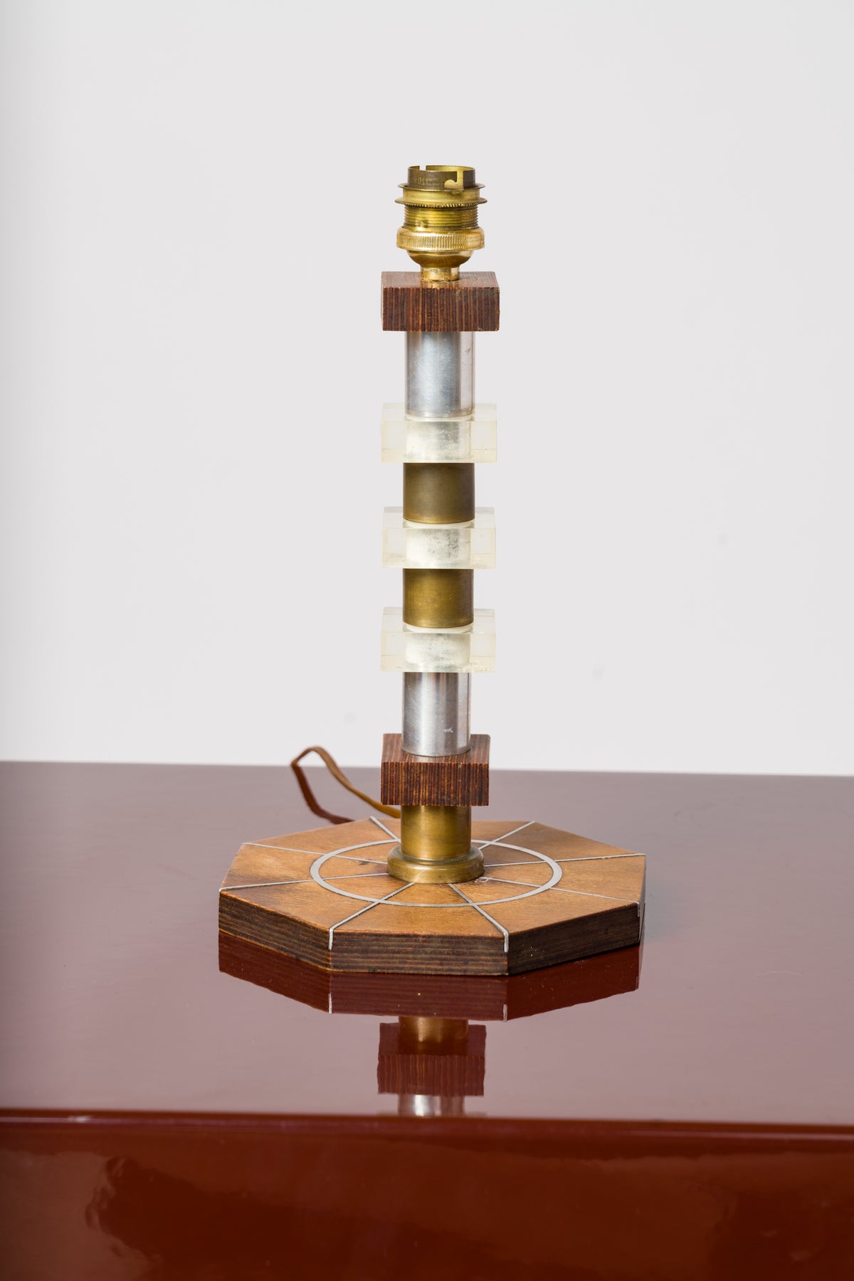 Art Deco Table Lamp in Stained Oak, Lucite with Nickel Plating and Brass Details