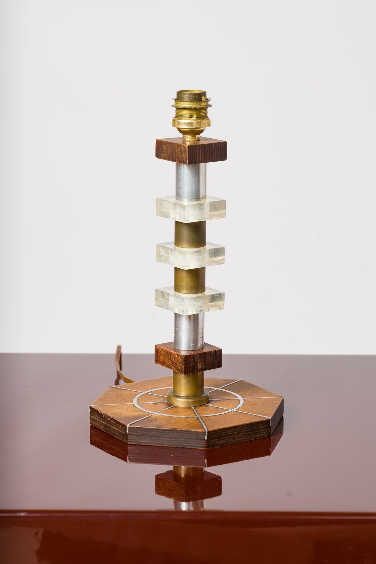 Art Deco Table Lamp in Stained Oak, Lucite with Nickel Plating and Brass Details