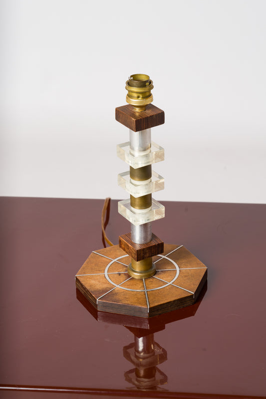 Art Deco Table Lamp in Stained Oak, Lucite with Nickel Plating and Brass Details