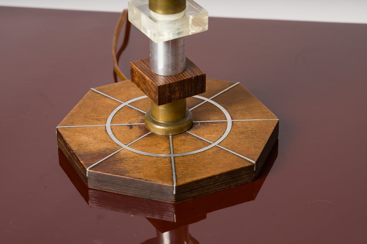 Art Deco Table Lamp in Stained Oak, Lucite with Nickel Plating and Brass Details