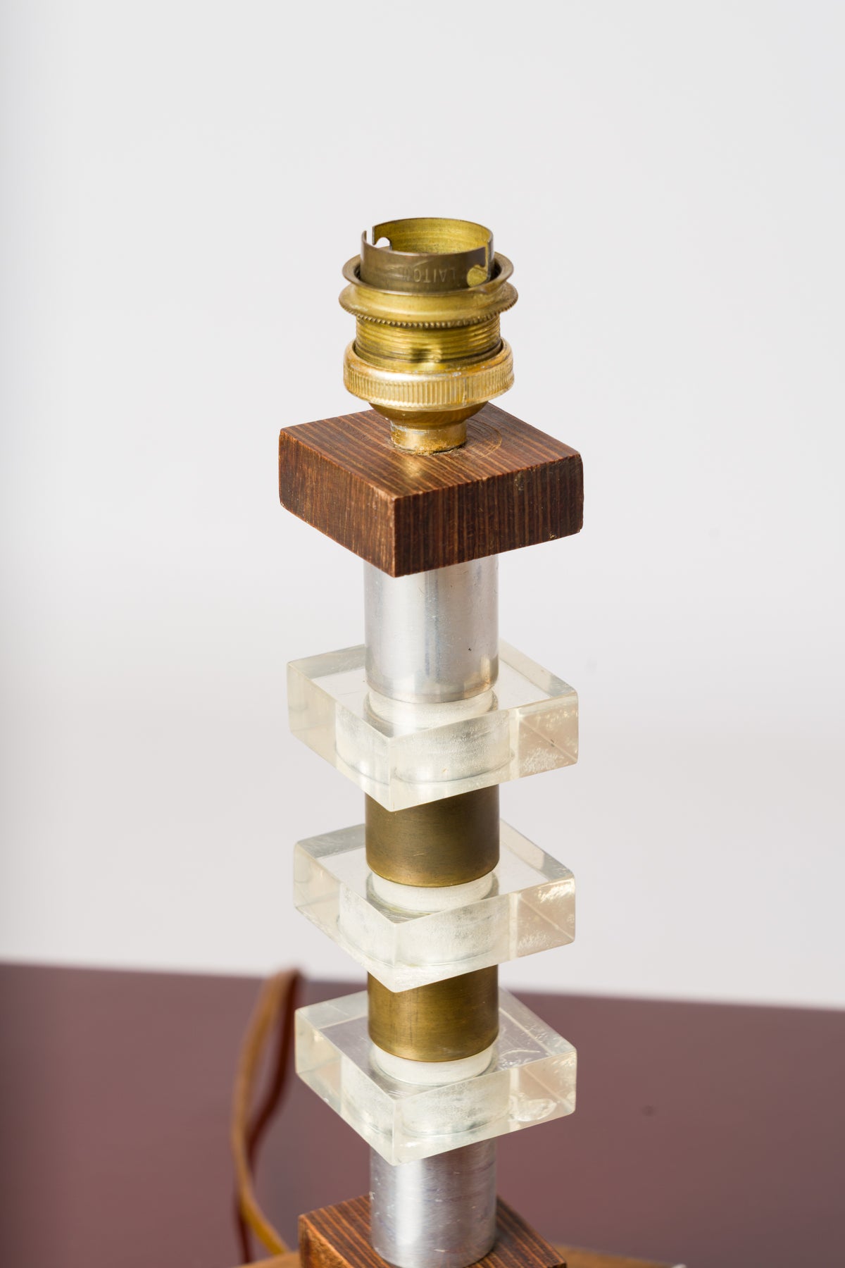Art Deco Table Lamp in Stained Oak, Lucite with Nickel Plating and Brass Details