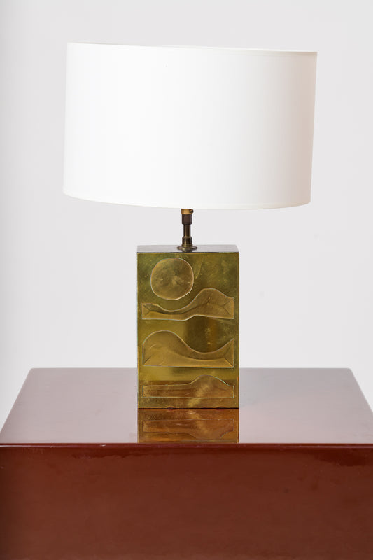 Engraved Brass Panel over Bois Noirci Table Lamp by Jean Blazy - France 1970's