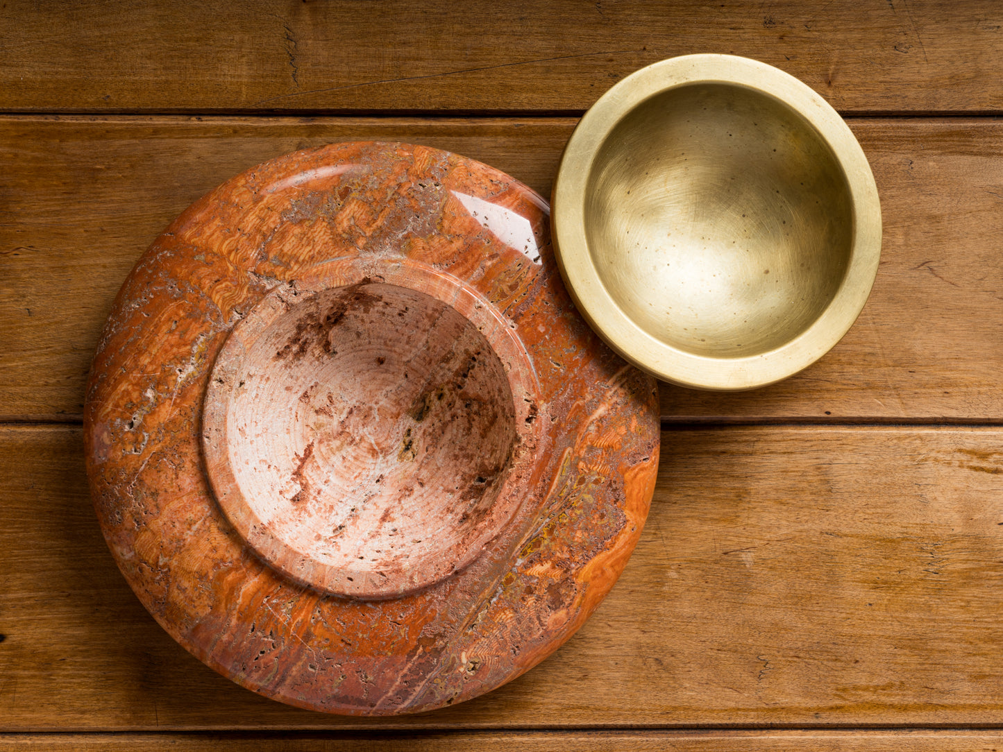 Decorative Red Iranian Travertine & Brass Vide Poche by Knoll - USA 1970's