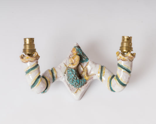 Rare Mermaid Theme Glazed Ceramic Single Sconce by Livia Gorka - Hungary 1950's