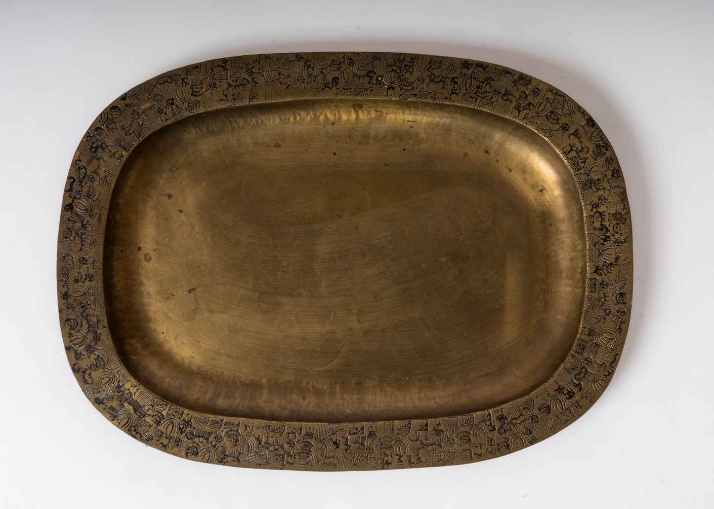 Decorative Oblong Shaped Engraved Patinated Brass Dish - Scandinavia 1960's