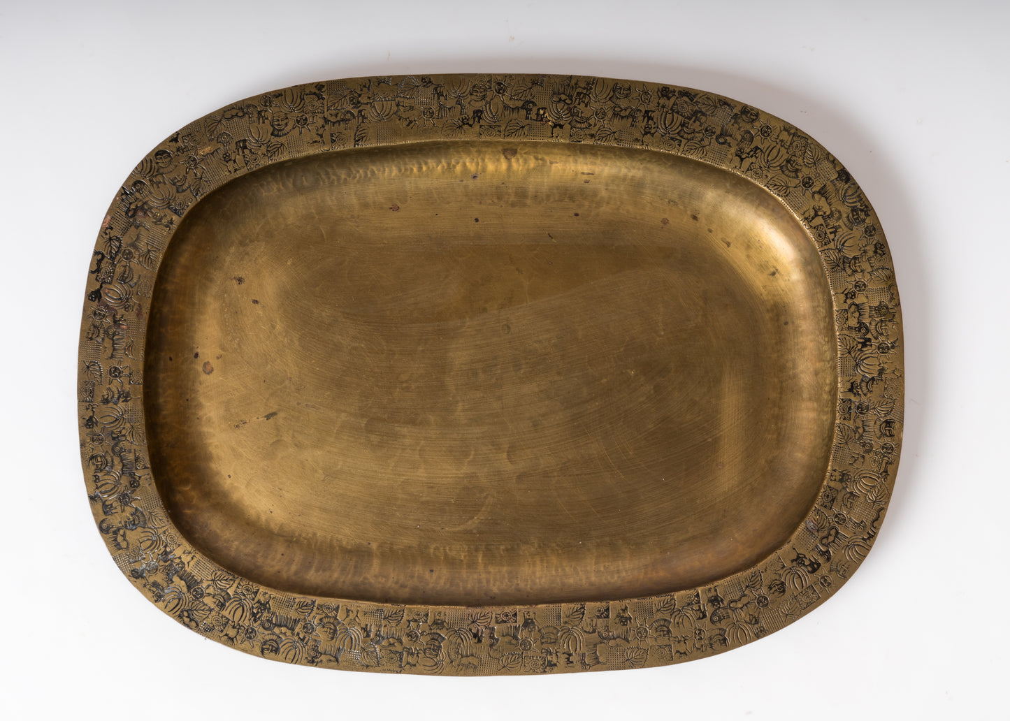 Decorative Oblong Shaped Engraved Patinated Brass Dish - Scandinavia 1960's