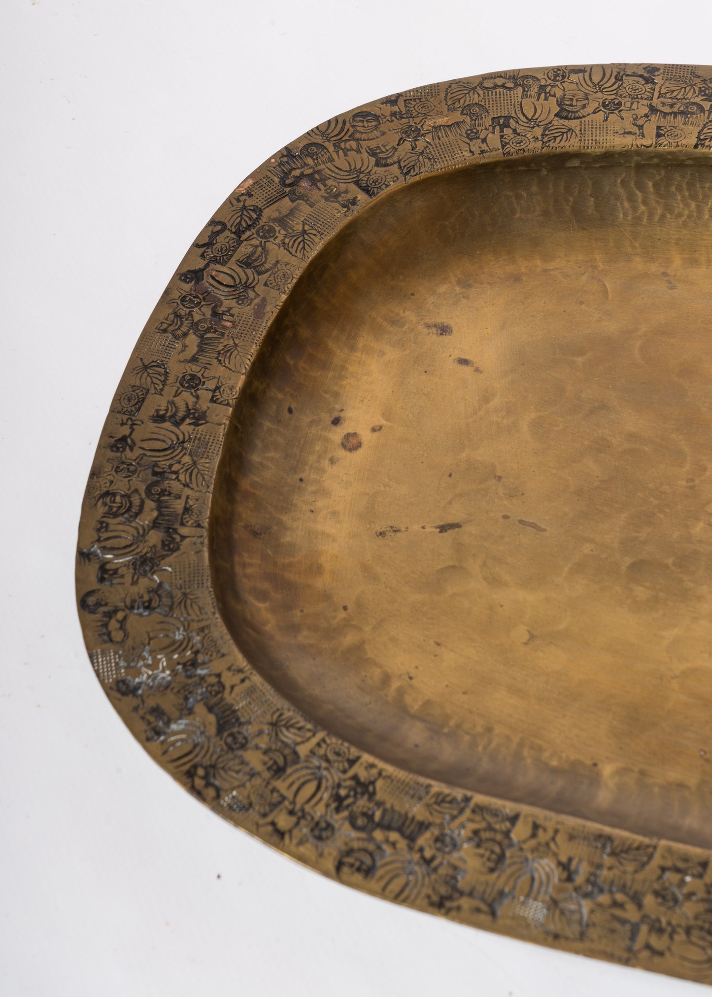 Decorative Oblong Shaped Engraved Patinated Brass Dish - Scandinavia 1960's