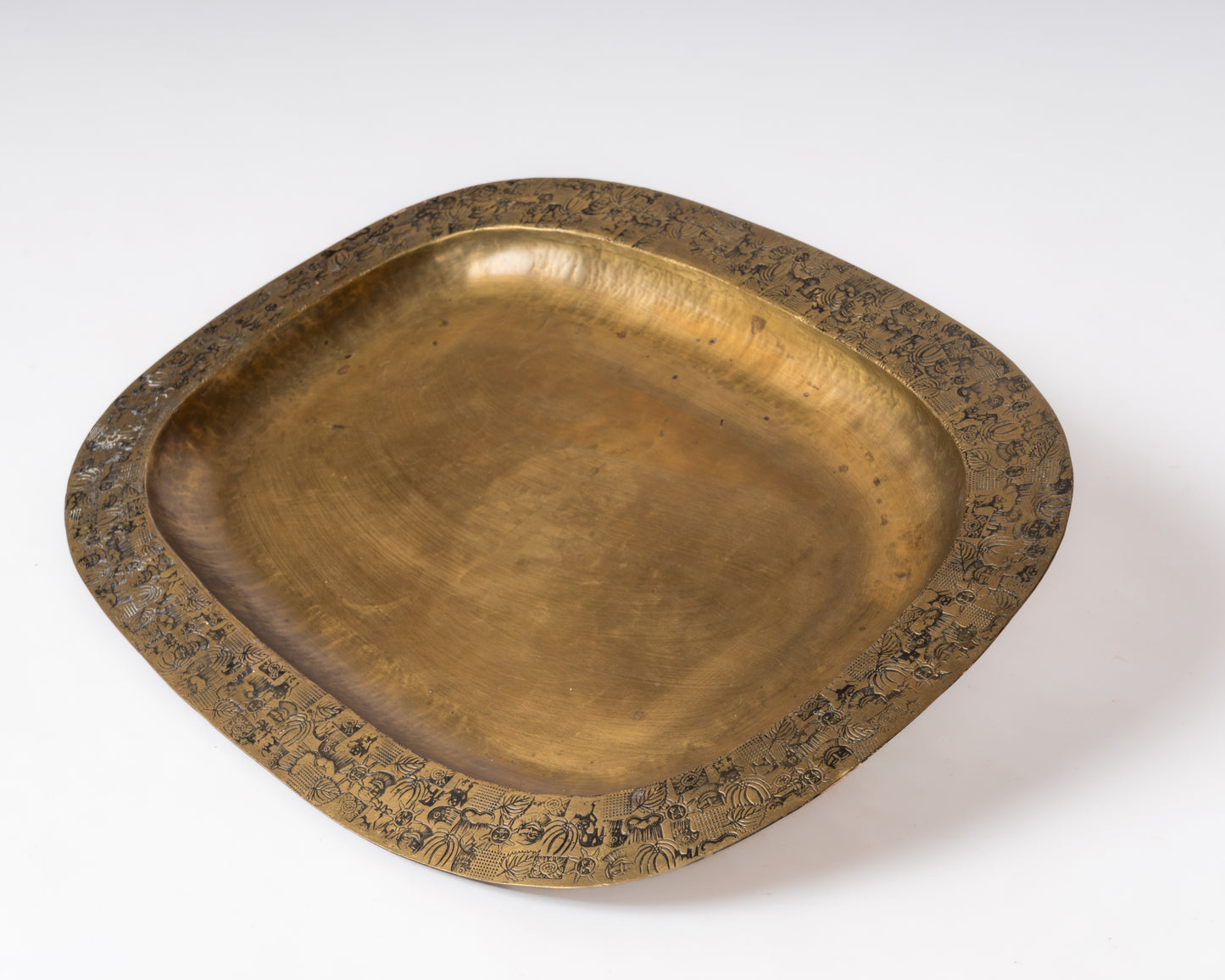 Decorative Oblong Shaped Engraved Patinated Brass Dish - Scandinavia 1960's