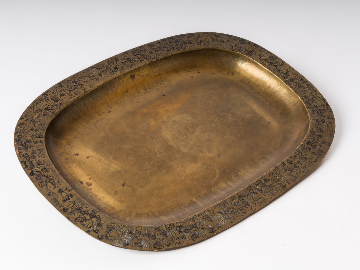 Decorative Oblong Shaped Engraved Patinated Brass Dish - Scandinavia 1960's