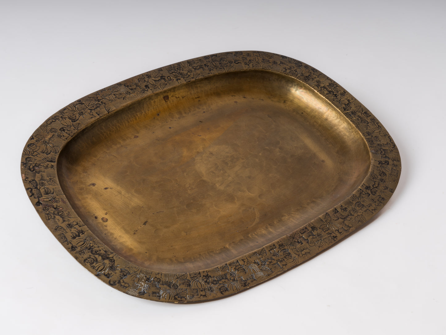 Decorative Oblong Shaped Engraved Patinated Brass Dish - Scandinavia 1960's