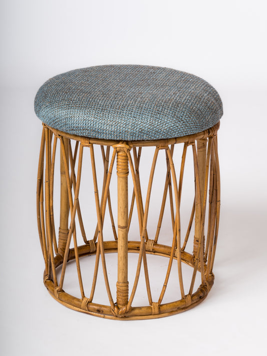 Drum Shaped Rattan Stool With Blue Mottled Fabric Upholstery - France 1970's