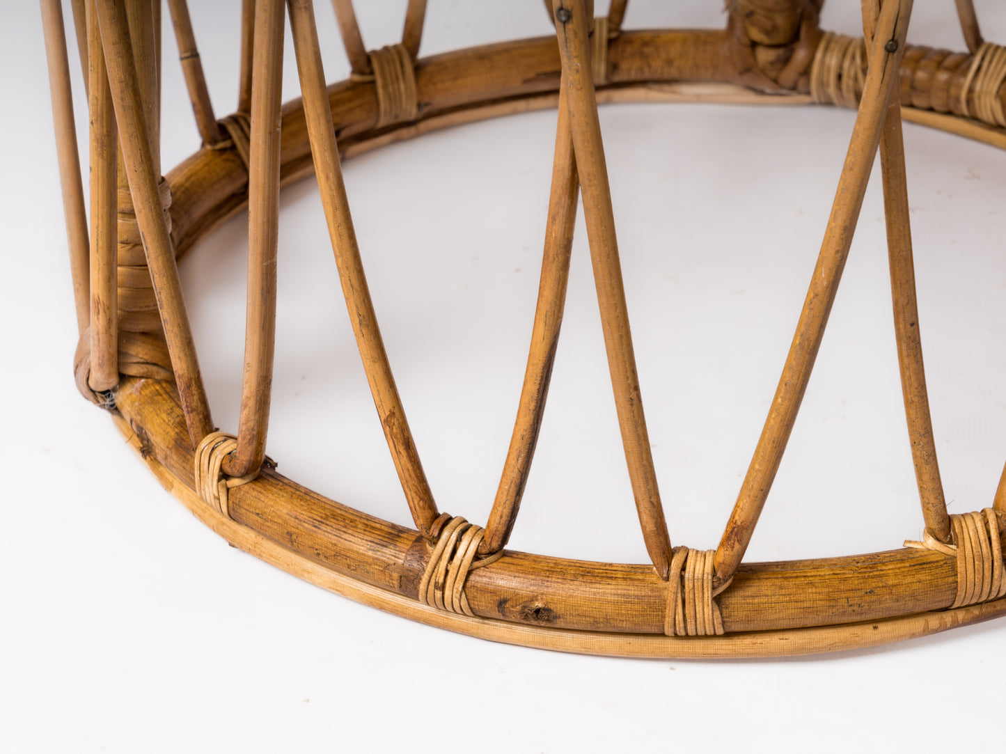 Drum Shaped Rattan Stool With Blue Mottled Fabric Upholstery - France 1970's
