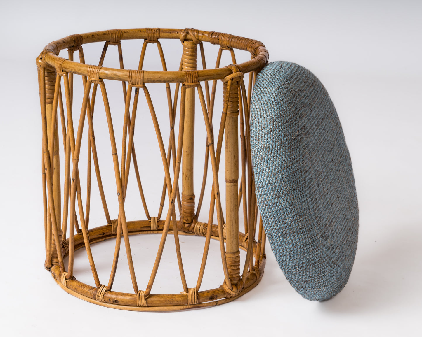 Drum Shaped Rattan Stool With Blue Mottled Fabric Upholstery - France 1970's