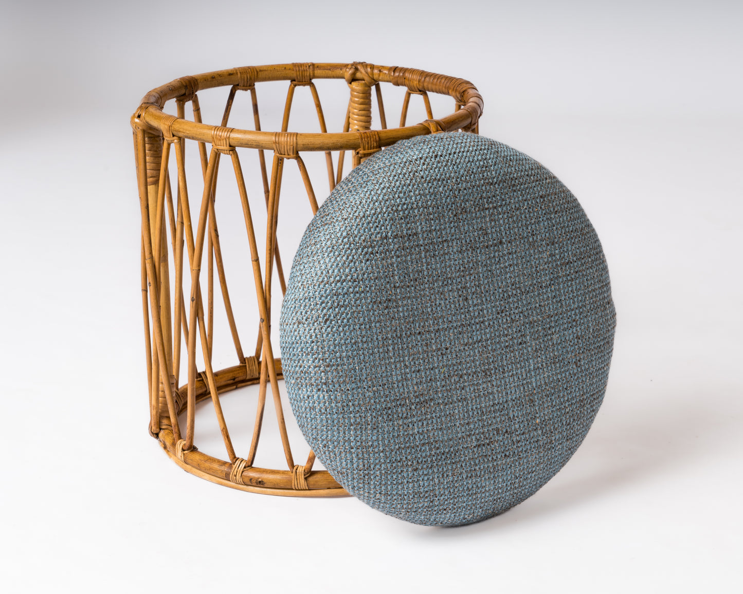 Drum Shaped Rattan Stool With Blue Mottled Fabric Upholstery - France 1970's