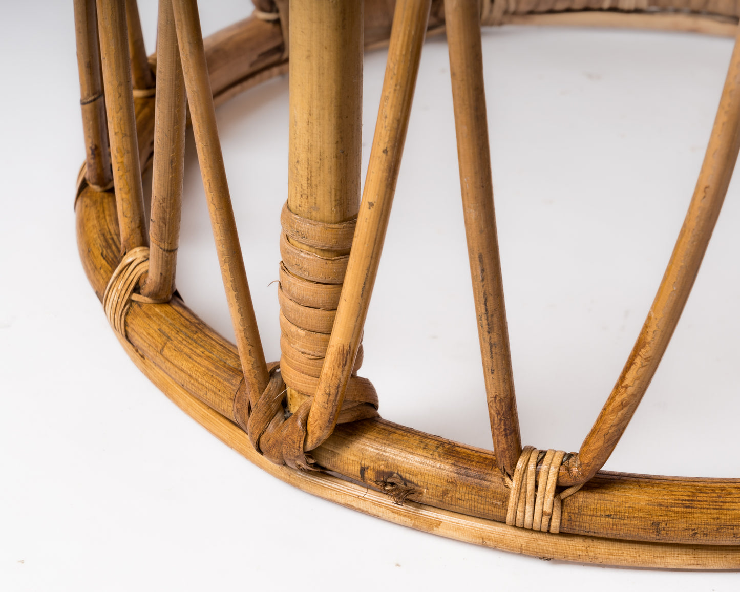 Drum Shaped Rattan Stool With Blue Mottled Fabric Upholstery - France 1970's