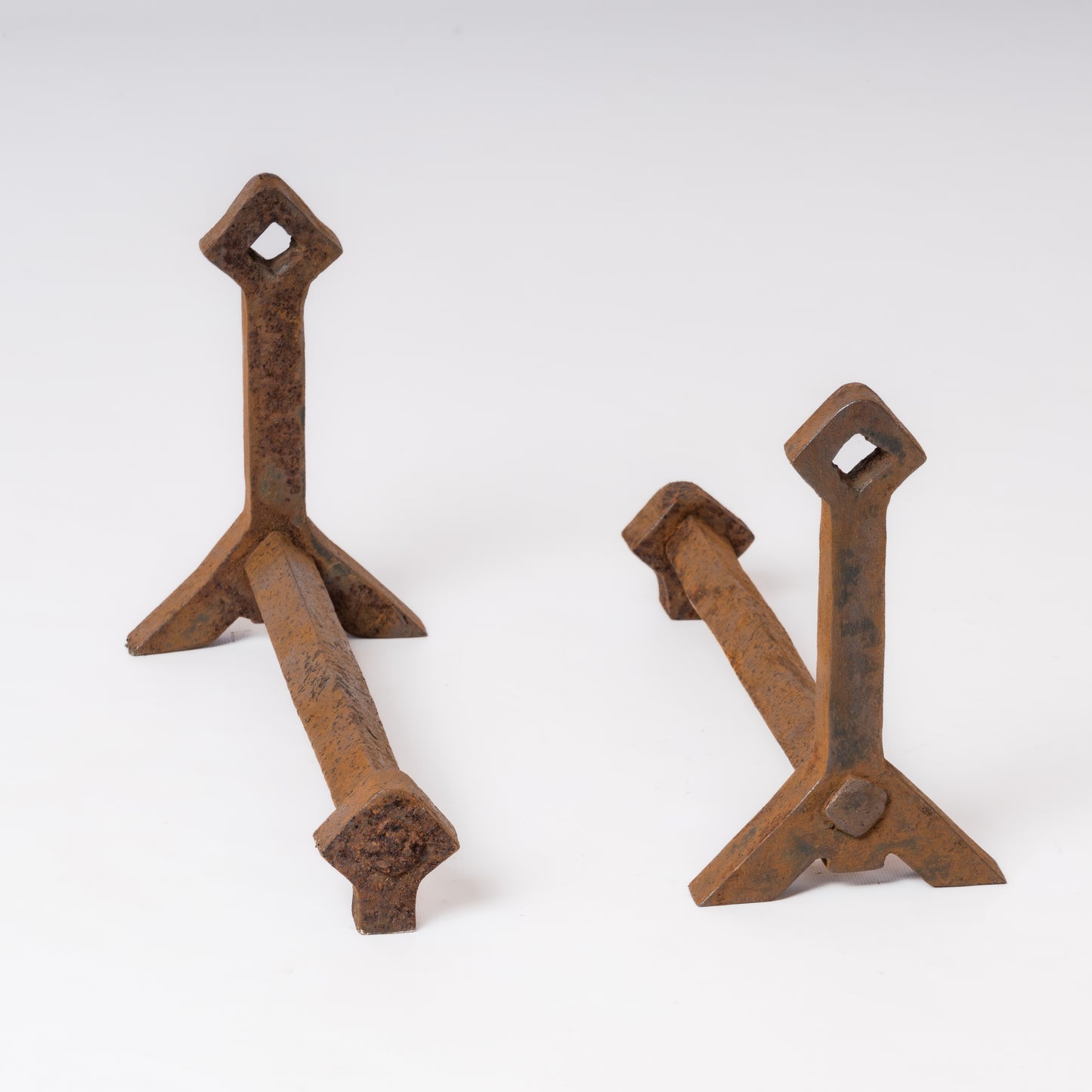 Pair of Brutalist Andirons with Diamond-Shaped Finials - France 1970's
