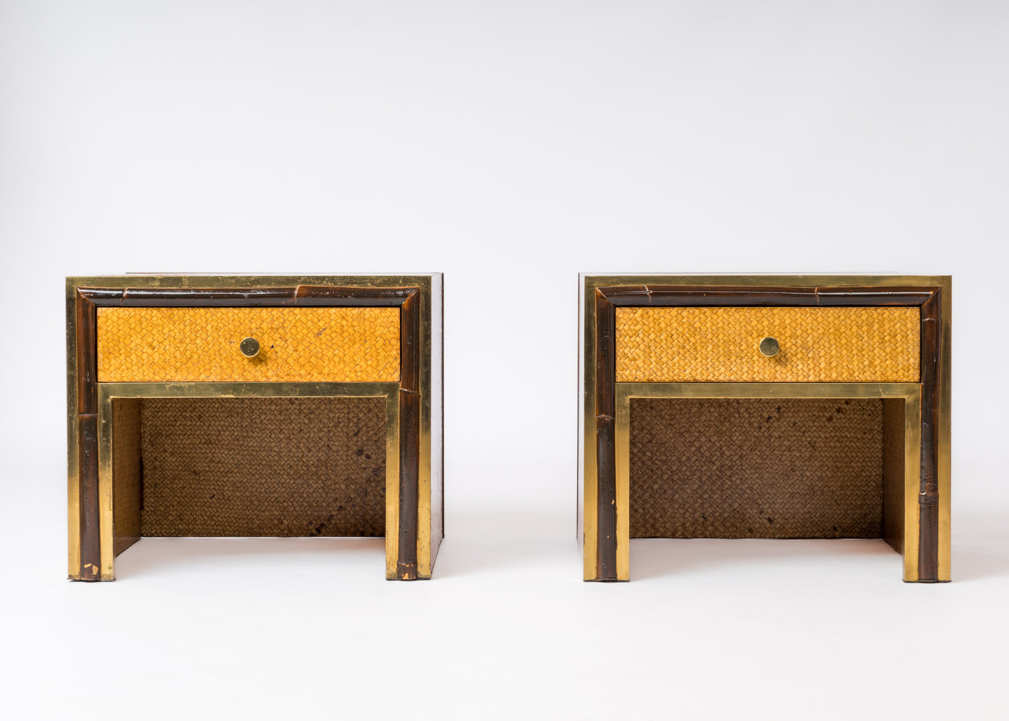Crespi Style Caning Lacquered Faux Bamboo & Brass Nightstands - Italy 1970's